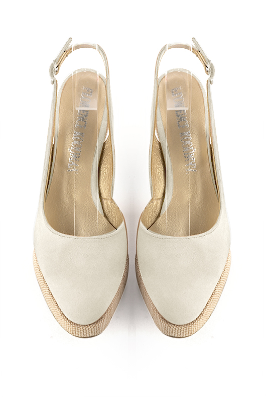 Chaussure femme à brides : couleur blanc cassé. Bout rond. Semelle compensée talon très haut. Vue du dessus - Florence KOOIJMAN