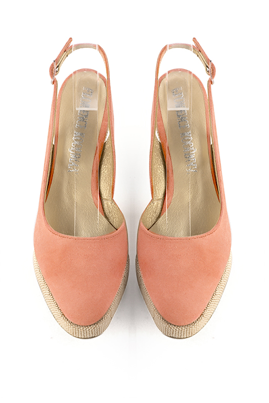 Chaussure femme à brides : couleur orange pêche. Bout rond. Semelle compensée talon très haut. Vue du dessus - Florence KOOIJMAN