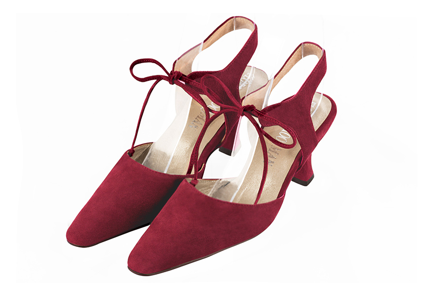 Chaussures bride cou-de-pied femme ouvertes à l'arrière rouge bordeaux. Bout effilé. Talon bobine de 5.5 cm - Vue avant