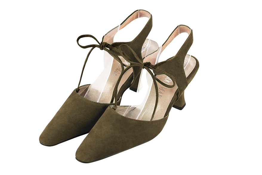 Chaussures bride cou-de-pied femme ouvertes à l'arrière vert kaki. Bout effilé. Talon bobine de 5.5 cm - Vue avant