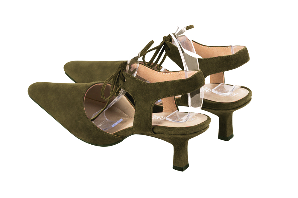 Chaussures bride cou-de-pied femme ouvertes à l'arrière vert kaki. Bout effilé. Talon bobine de 5.5 cm - Vue arrière