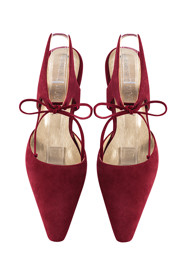 Chaussures bride cou-de-pied femme ouvertes à l'arrière rouge bordeaux. Bout effilé. Talon bobine de 5.5 cm - Vue du dessus