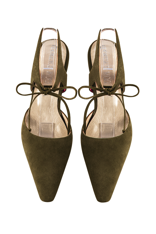 Chaussures bride cou-de-pied femme ouvertes à l'arrière vert kaki. Bout effilé. Talon bobine de 5.5 cm - Vue du dessus