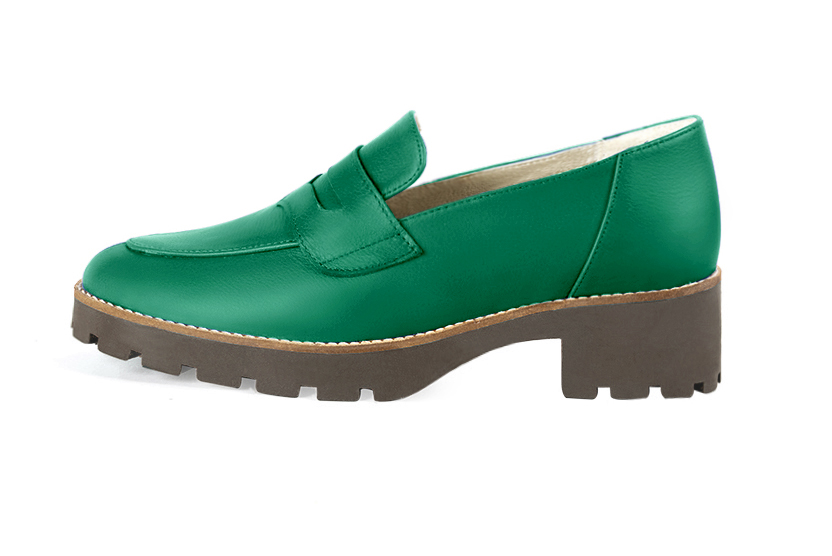 Mocassin femme : Mocassin sport couleur vert émeraude. Bout rond. Semelle gomme petit talon. Vue de profil - Florence KOOIJMAN