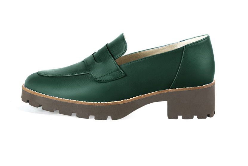 Mocassin femme : Mocassin sport couleur vert bouteille. Bout rond. Semelle gomme petit talon. Vue de profil - Florence KOOIJMAN