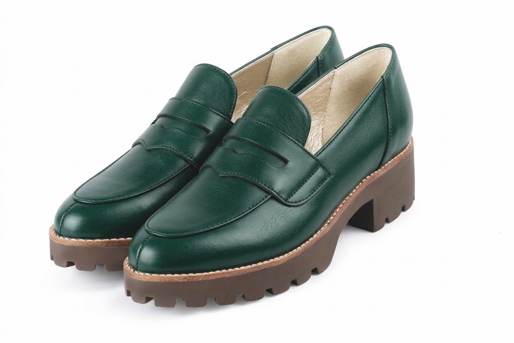 Mocassins casual pour femme en cuir vert sapin avec bout rond et semelle crantée en gomme - Vue avant