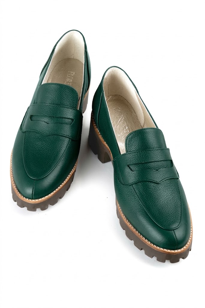 Mocassins casual pour femme en cuir vert sapin avec bout rond et semelle crantée en gomme - Vue du dessus