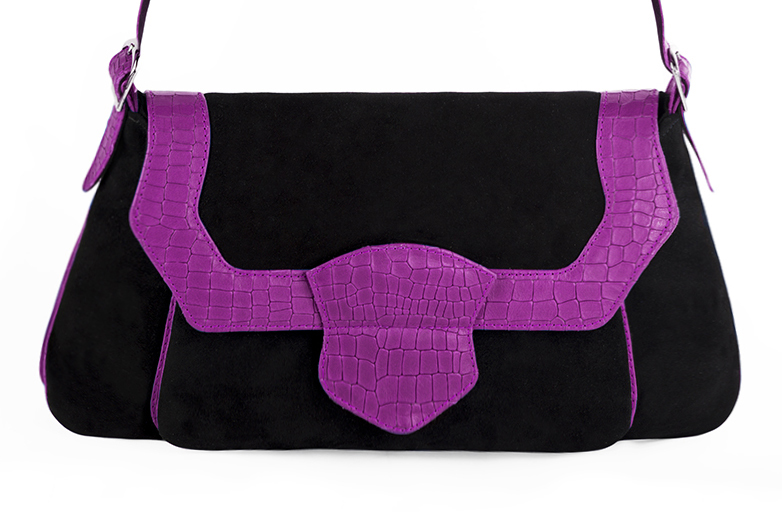 Sac porté à l'épaule habillé femme en cuir noir mat et violet mauve - Vue de profil