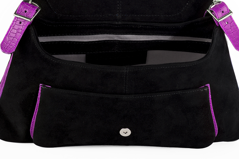 Sac porté à l'épaule habillé femme en cuir noir mat et violet mauve - Vue arrière