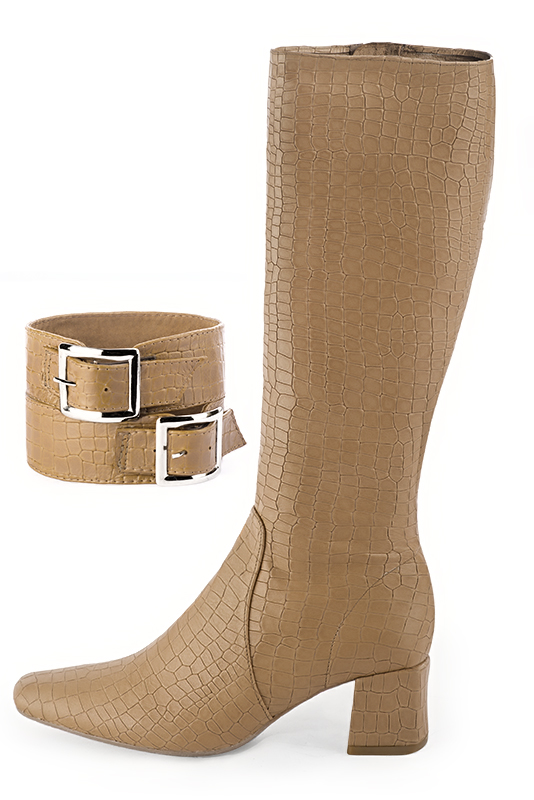 Bracelets pour bottes et cuissardes : A porter sur des bottes ou cuissardes en haut des mollets | couleur beige camel. Vue du dessus - Florence KOOIJMAN