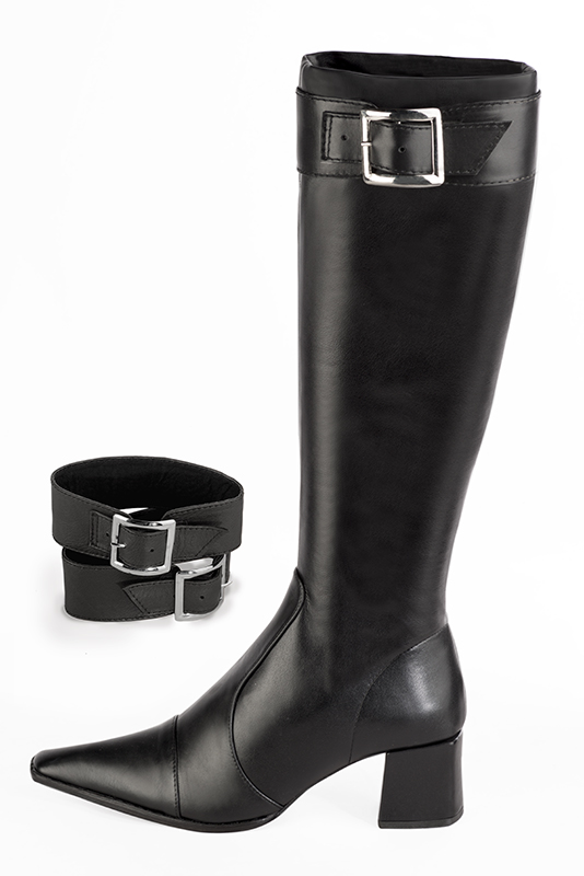 Bracelets pour bottes et cuissardes : A porter sur des bottes ou cuissardes en haut des mollets | couleur noir satiné. Vue du dessus - Florence KOOIJMAN