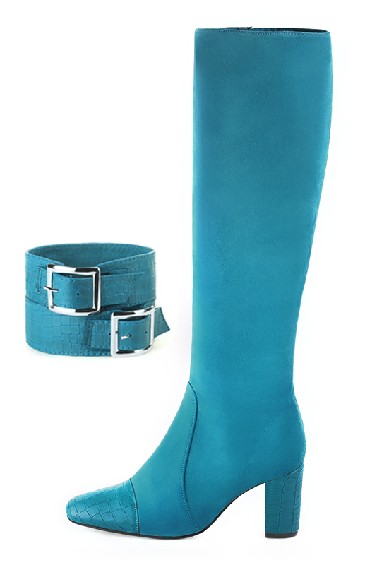 Bracelets pour bottes et cuissardes : A porter sur des bottes ou cuissardes en haut des mollets | couleur bleu turquoise. Vue du dessus - Florence KOOIJMAN