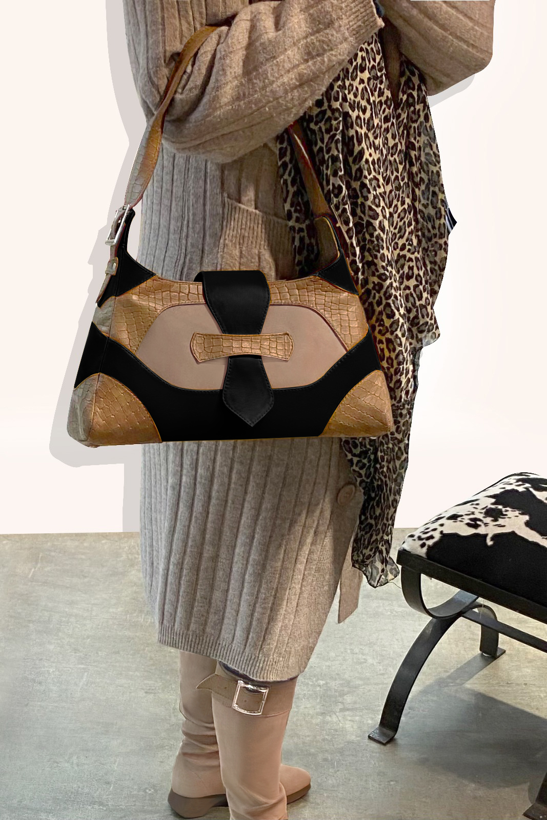 Grand sac porté à l'épaule habillé femme en cuir beige camel, beige biscuit et noir mat - Vue porté