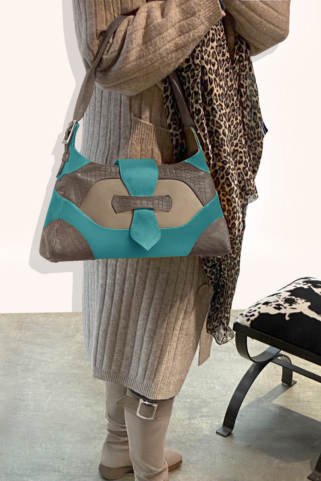 Grand sac porté à l'épaule habillé femme en cuir marron taupe, beige sahara et bleu lagon - Vue porté