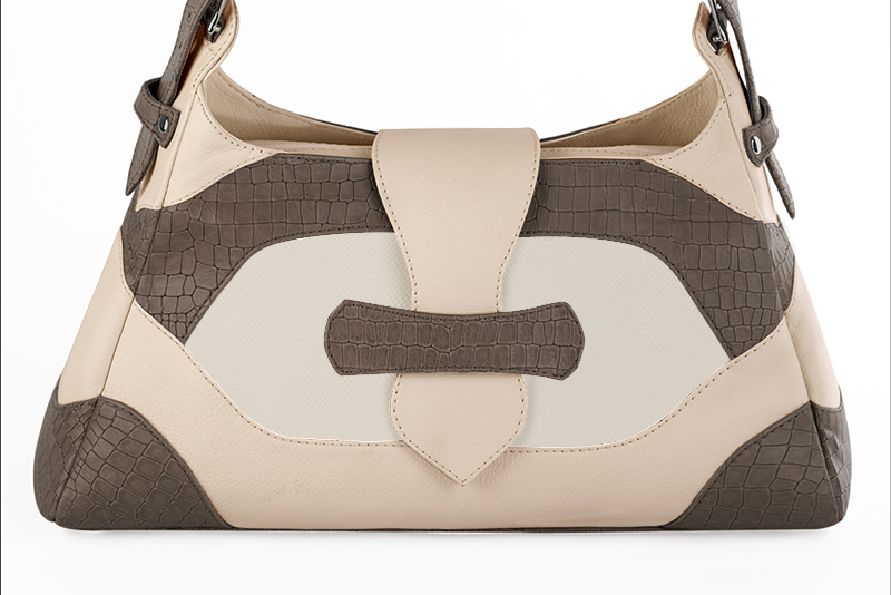 Grand sac porté à l'épaule habillé femme en cuir marron taupe, blanc cassé et blanc ivoire - Vue de profil
