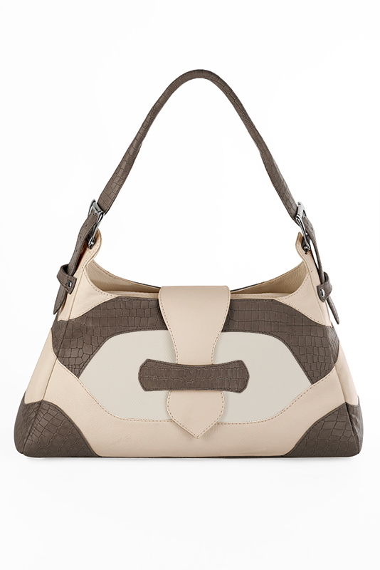 Grand sac porté à l'épaule habillé femme en cuir marron taupe, blanc cassé et blanc ivoire - Vue du dessus