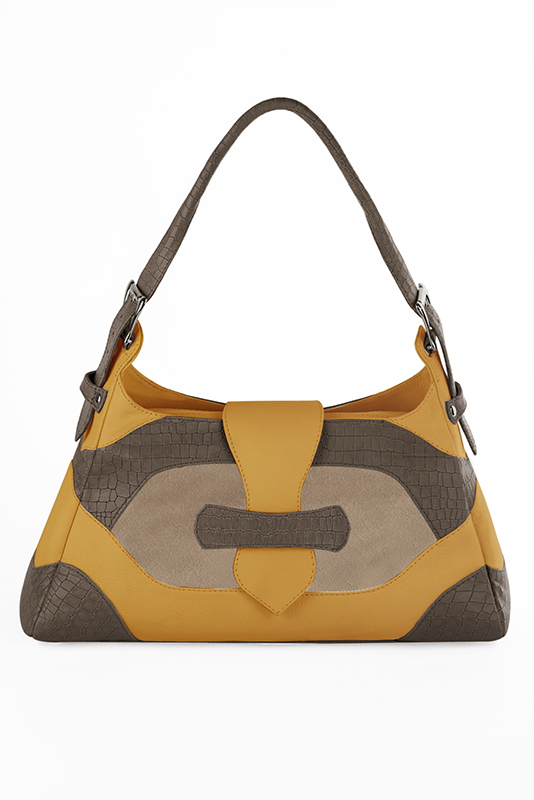 Grand sac porté à l'épaule habillé femme en cuir marron taupe, beige sahara et jaune ocre - Vue du dessus
