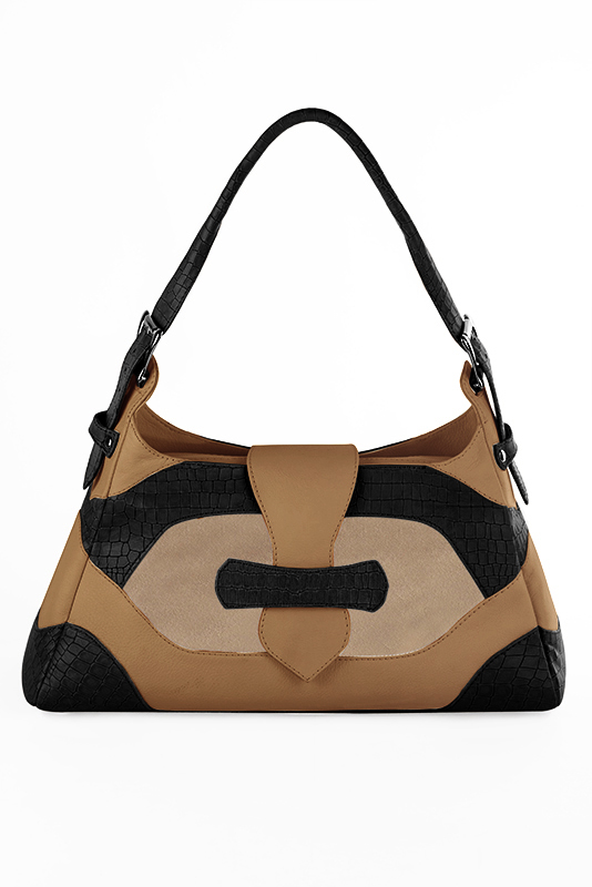 Grand sac porté à l'épaule habillé femme en cuir noir satiné, beige sahara et beige camel - Vue du dessus