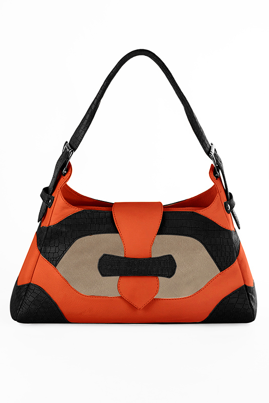 Grand sac à main habillé en cuir noir satiné, beige sahara et orange clémentine - Vue du dessus