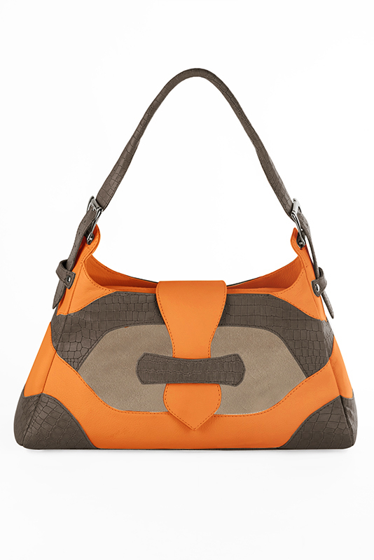 Grand sac porté à l'épaule habillé femme en cuir marron taupe, beige sahara et orange abricot - Vue du dessus