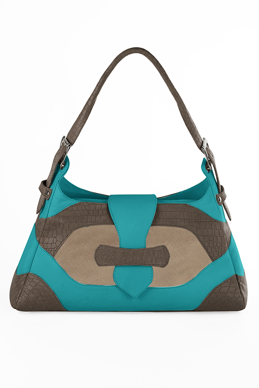 Grand sac porté à l'épaule habillé femme en cuir marron taupe, beige sahara et bleu lagon - Vue du dessus