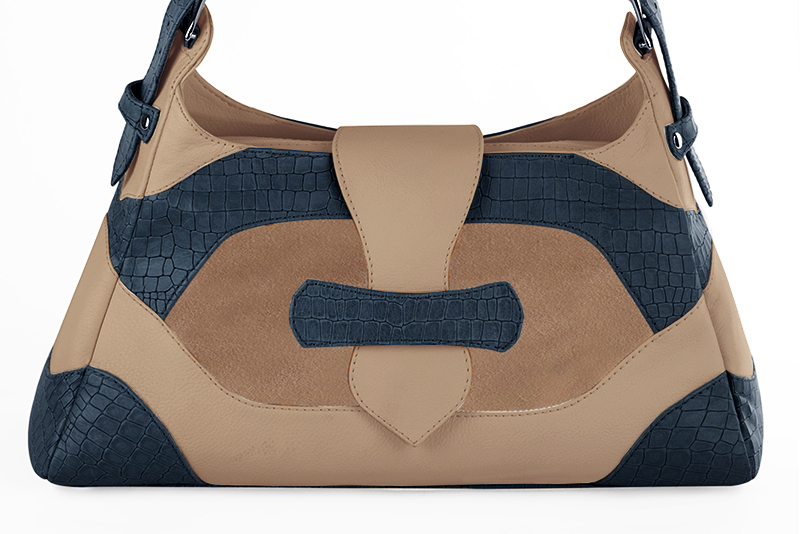 Grand sac porté à l'épaule habillé femme en cuir bleu denim, beige biscuit et blanc ivoire - Vue de profil