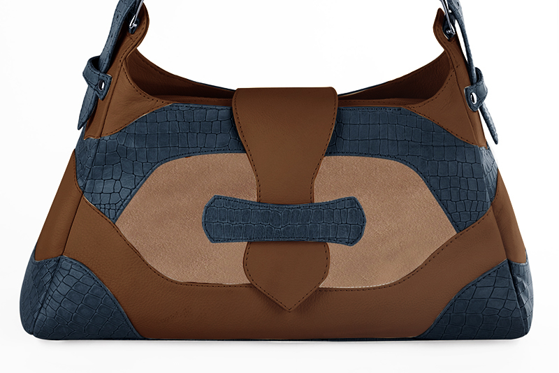 Grand sac porté à l'épaule habillé femme en cuir bleu denim, beige biscuit et marron caramel - Vue de profil