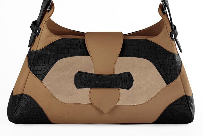 Grand sac porté à l'épaule habillé femme en cuir noir satiné, beige sahara et beige camel - Vue de profil