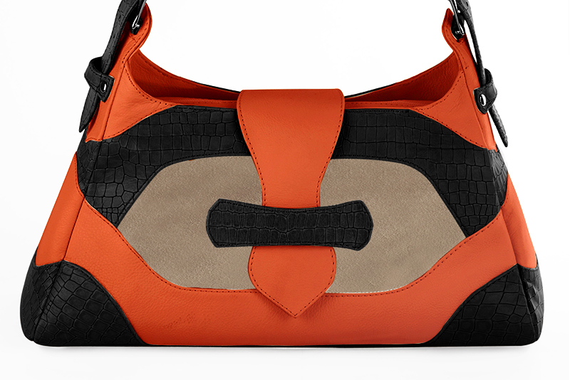 Grand sac à main habillé en cuir noir satiné, beige sahara et orange clémentine - Vue de profil