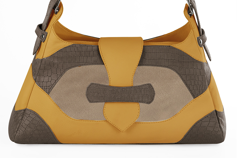 Grand sac porté à l'épaule habillé femme en cuir marron taupe, beige sahara et jaune ocre - Vue de profil