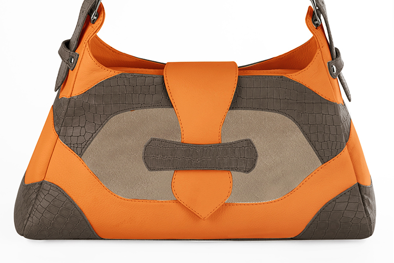 Grand sac porté à l'épaule habillé femme en cuir marron taupe, beige sahara et orange abricot - Vue de profil