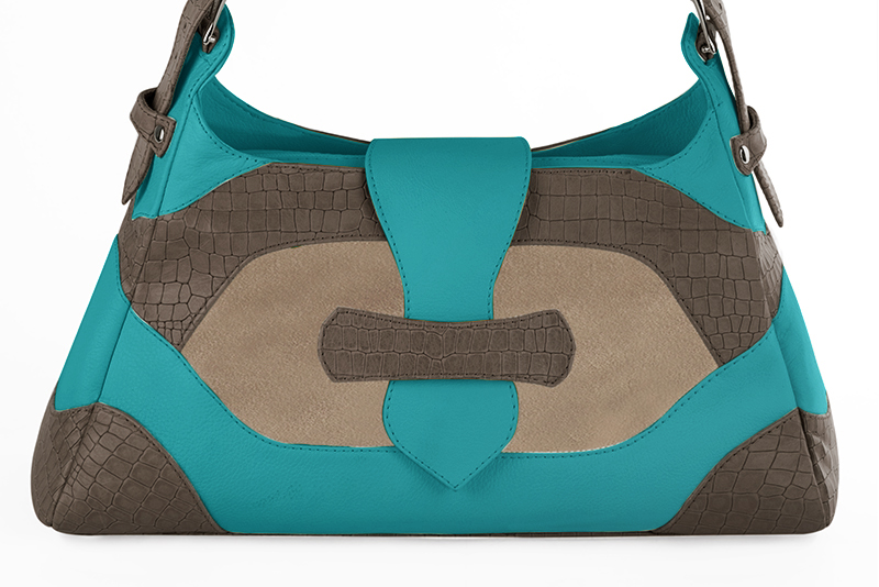 Grand sac porté à l'épaule habillé femme en cuir marron taupe, beige sahara et bleu lagon - Vue de profil