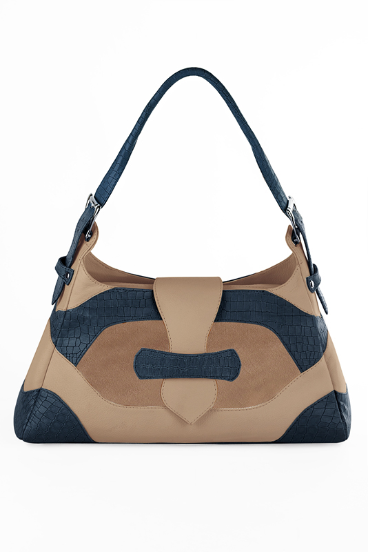 Grand sac porté à l'épaule habillé femme en cuir bleu denim, beige biscuit et blanc ivoire - Vue du dessus