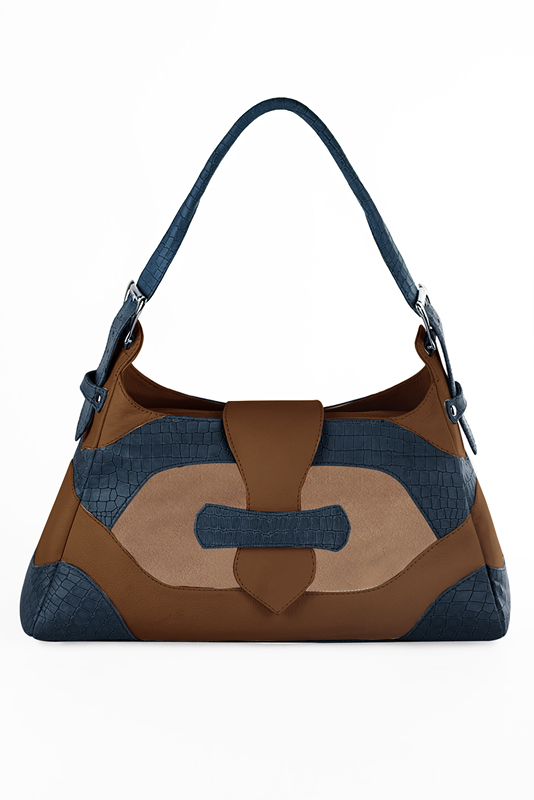 Grand sac porté à l'épaule habillé femme en cuir bleu denim, beige biscuit et marron caramel - Vue du dessus