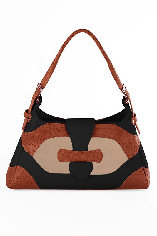 Grand sac porté à l'épaule habillé femme en cuir orange corail, beige biscuit et noir mat - Vue du dessus