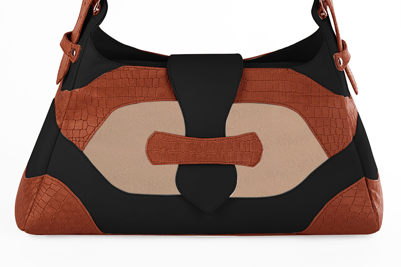 Grand sac porté à l'épaule habillé femme en cuir orange corail, beige biscuit et noir mat - Vue de profil