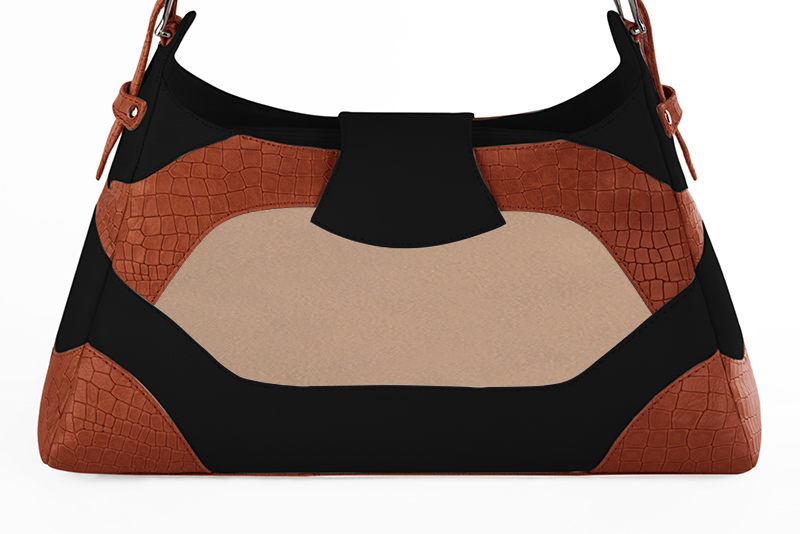 Grand sac porté à l'épaule habillé femme en cuir orange corail, beige biscuit et noir mat - Vue arrière