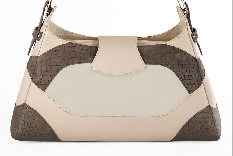 Grand sac porté à l'épaule habillé femme en cuir marron taupe, blanc cassé et blanc ivoire - Vue arrière