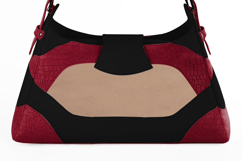 Grand sac porté à l'épaule habillé femme en cuir rouge carmin, blanc ivoire et noir mat - Vue arrière