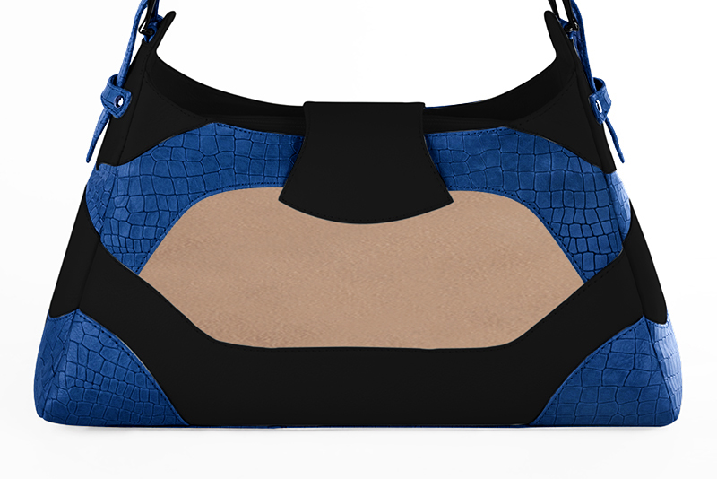 Grand sac porté à l'épaule habillé femme en cuir bleu électrique, beige biscuit et noir mat - Vue arrière