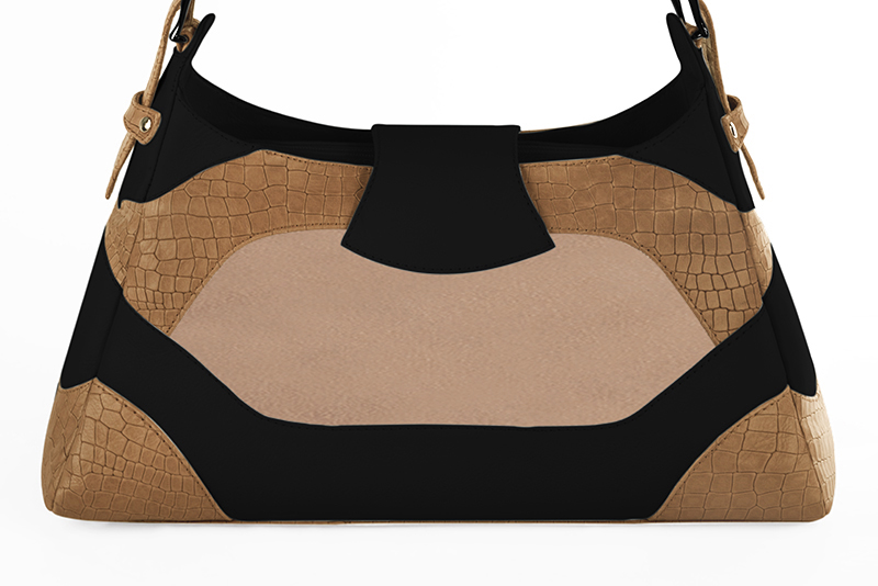Grand sac porté à l'épaule habillé femme en cuir beige camel, beige biscuit et noir mat - Vue arrière