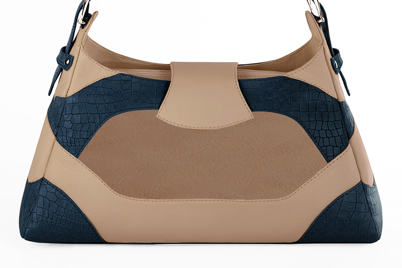 Grand sac porté à l'épaule habillé femme en cuir bleu denim, beige biscuit et blanc ivoire - Vue arrière