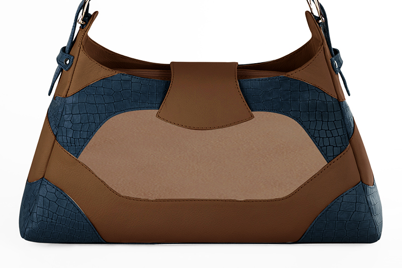Grand sac porté à l'épaule habillé femme en cuir bleu denim, beige biscuit et marron caramel - Vue arrière