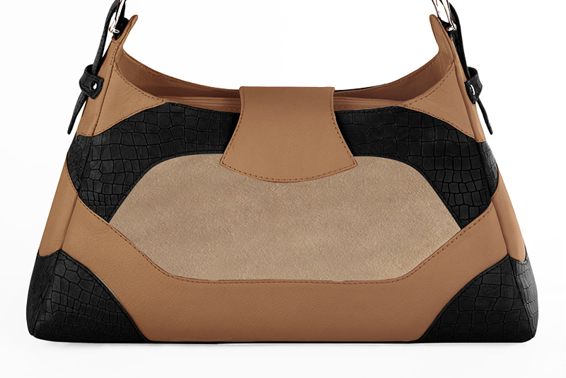Grand sac porté à l'épaule habillé femme en cuir noir satiné, beige sahara et beige camel - Vue arrière