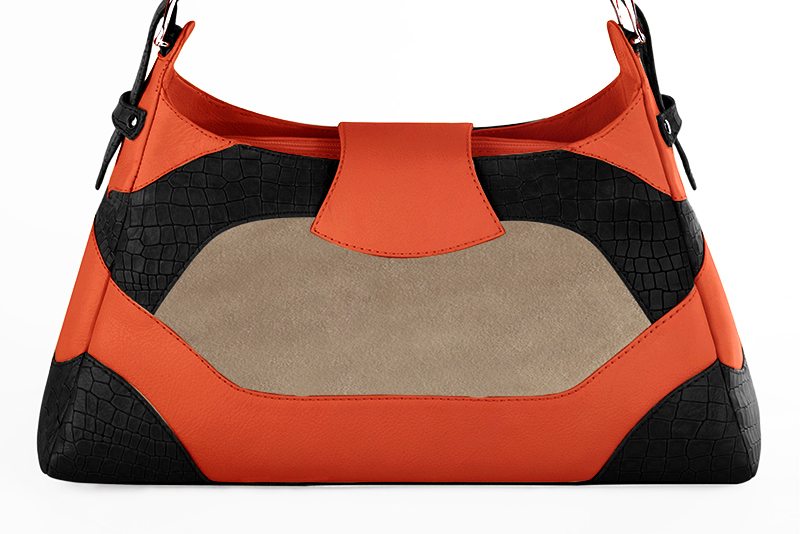 Grand sac à main habillé en cuir noir satiné, beige sahara et orange clémentine - Vue arrière