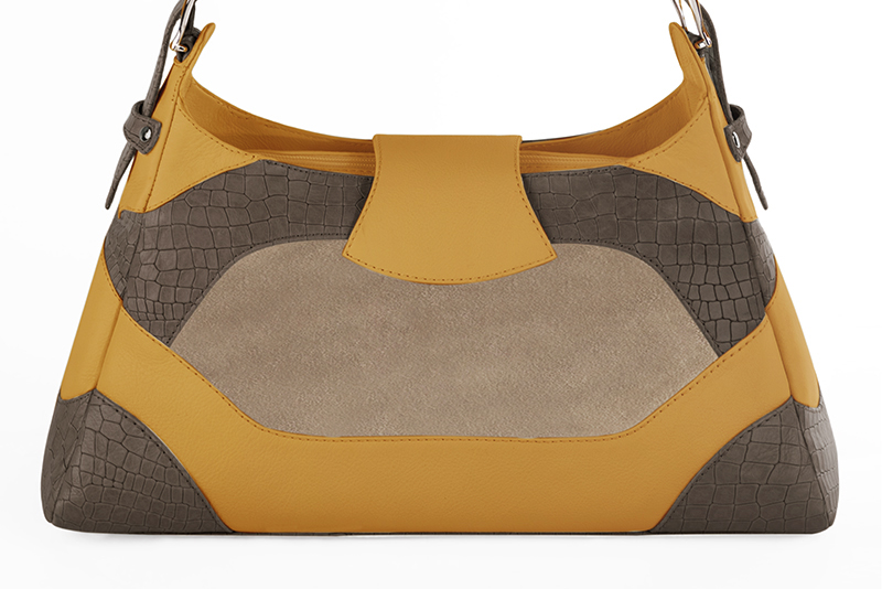 Grand sac porté à l'épaule habillé femme en cuir marron taupe, beige sahara et jaune ocre - Vue arrière