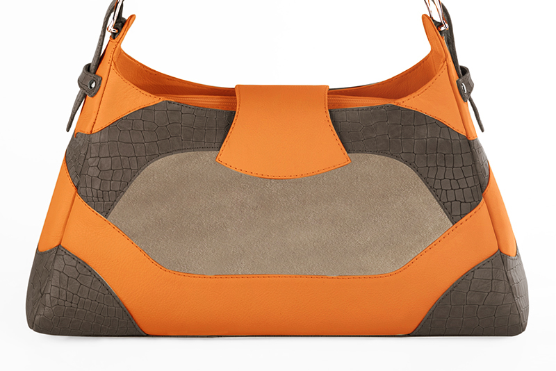 Grand sac porté à l'épaule habillé femme en cuir marron taupe, beige sahara et orange abricot - Vue arrière