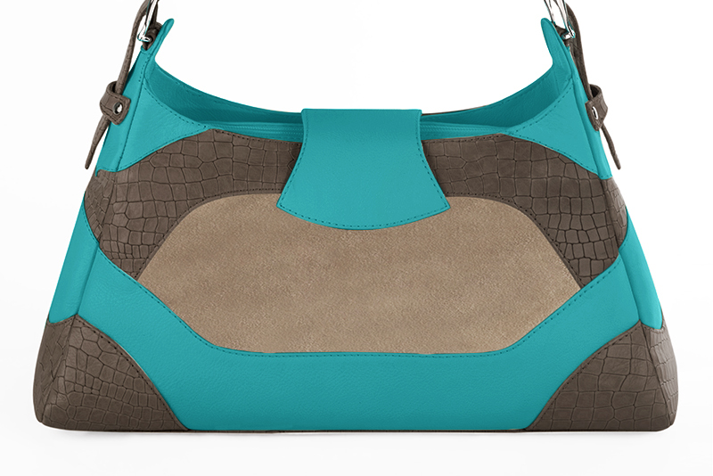 Grand sac porté à l'épaule habillé femme en cuir marron taupe, beige sahara et bleu lagon - Vue arrière