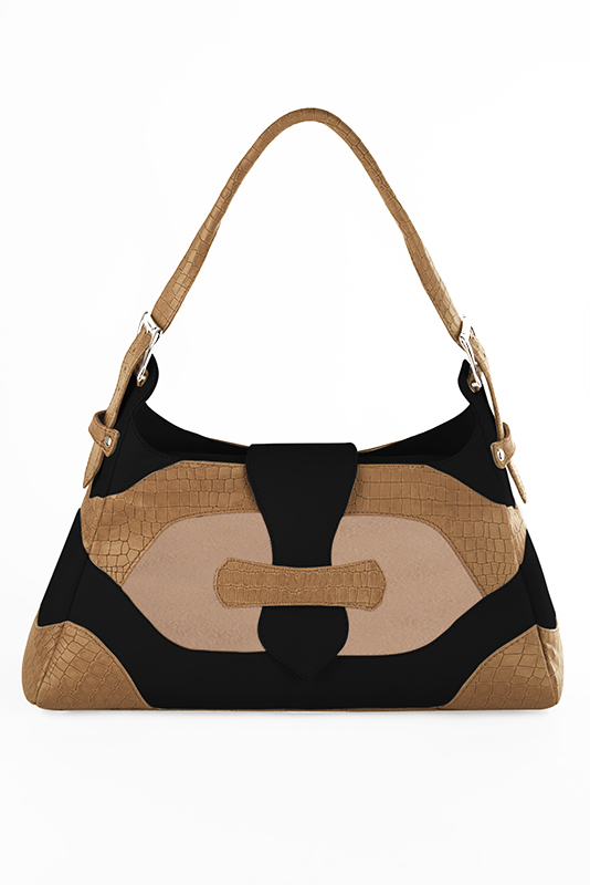 Grand sac porté à l'épaule habillé femme en cuir beige camel, beige biscuit et noir mat - Vue du dessus