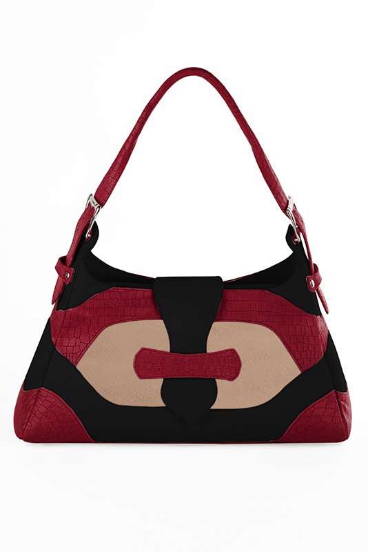 Grand sac porté à l'épaule habillé femme en cuir rouge carmin, blanc ivoire et noir mat - Vue du dessus
